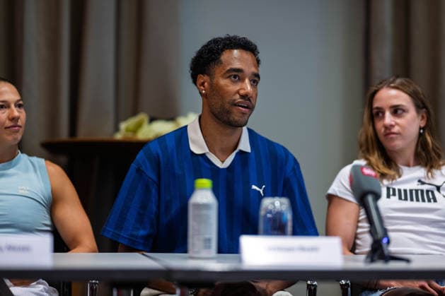 LUCERNE, SWITZERLAND - JULY 15: Swiss sprinter William Reais speaks during the Spitzenleichtathletik Luzern - press conference, PK, Pressekonferenz at the Hotel Continental Park on July 15, 2026 in Lucerne, Switzerland. Lucerne Switzerland Copyright: xBEAUTIFULxSPORTS TobiasxLacknerx