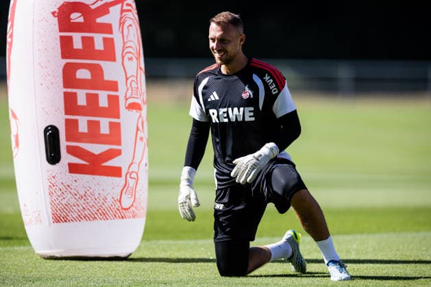 COLOGNE, GERMANY - JULY 15: Marvin Schwaebe (Schwäbe, Schwabe, 1. FC Koeln, 1) smiling during a training session of season 2026 27 at Geissbockheim on July 15, 2026 in Cologne, Germany. North Rhine Westphalia Germany Copyright: xSteffiexWunderlx