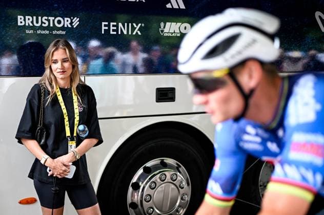 Dutch Mathieu van der Poel and his partner Roxanne Bertels pictured at the start of stage 11 of the 2026 Tour de France cycling race, a stage of 161km from Vichy to Nevers, on Wednesday 15 July 2026. The 113th edition of the Tour de France starts on Saturday 4 July in Barcelona, Spain, and will finish in Paris, France on the 26th of July. JASPERxJACOBS  x181179768x