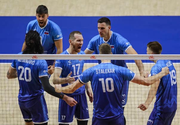 Men s Volleyball Nations League - Belgrade 2026 Players of Slovenia reacts during the MenÕs Volleyball Nations League Pool 7 match between Germany and Slovenia at Belgrade Arena on July 15, 2026 in Belgrade, Serbia. Belgrade Serbia Copyright: xSrdjanxStevanovicx x