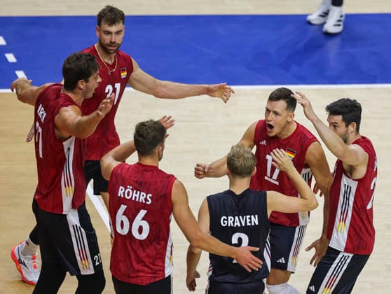 Men s Volleyball Nations League - Belgrade 2026 Players of Germany react during the MenÕs Volleyball Nations League Pool 7 match between Germany and Slovenia at Belgrade Arena on July 15, 2026 in Belgrade, Serbia. Belgrade Serbia Copyright: xSrdjanxStevanovicx x