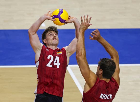 Men s Volleyball Nations League - Belgrade 2026 Germany s Eric Burggraf (L) and Germany s Tobias Krick in action during the Men™s Volleyball Nations League Pool 7 match between Germany and Slovenia at Belgrade Arena on July 15, 2026 in Belgrade, Serbia. Belgrade Serbia Copyright: xSrdjanxStevanovicx x