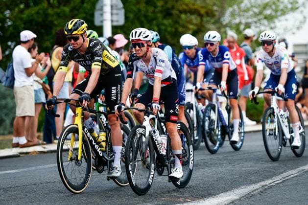 Italian Edoardo Affini of Team Visma-Lease a Bike and British Adam Yates of UAE Team Emirates XRG pictured in action during the stage 11 of the 2026 Tour de France cycling race, a stage of 161km from Vichy to Nevers, on Wednesday 15 July 2026. The 113th edition of the Tour de France starts on Saturday 4 July in Barcelona, Spain, and will finish in Paris, France on the 26th of July. POOLxLUCAxBETTINI  x181180126x