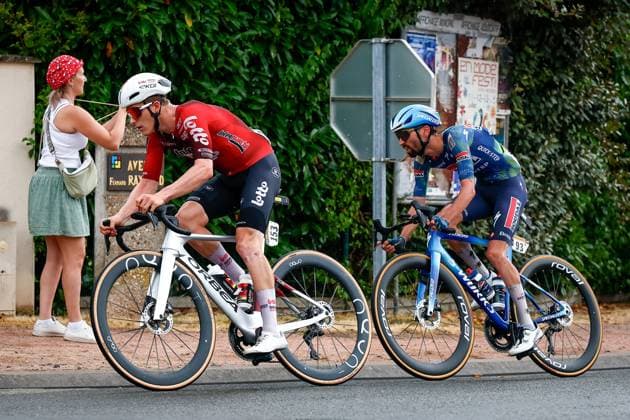 Belgian Jenno Berckmoes of Lotto Intermarche and French Valentin Paret-Peintre of Soudal Quick-Step pictured in action during the stage 11 of the 2026 Tour de France cycling race, a stage of 161km from Vichy to Nevers, on Wednesday 15 July 2026. The 113th edition of the Tour de France starts on Saturday 4 July in Barcelona, Spain, and will finish in Paris, France on the 26th of July. POOLxLUCAxBETTINI  x181180676x