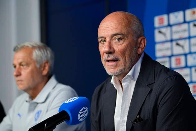 FOOTBALL : ConfÃ rence de prÃ sentation GrÃ gory Lorenzi & Bruno Genesio - 15 07 2026 StÃ phane Richard (President OM) MarseilleFrance  Copyright: xWilliamxCannarellax