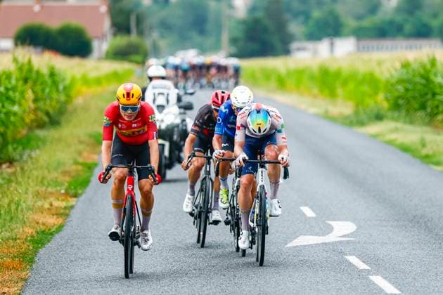 Tour de France 2026 Stage 11 NEVERS, FRANCE - JULY 15 : Charmig Anthon (DEN) of Uno-X Mobility, Oliveira Nelson (POR) of Movistar Team, Alaphilippe Julian (FRA) of Tudor Pro Cycling Team, Le Berre Mathis (FRA) of TotalEnergies in the escape pack during stage 11 of the 113rd edition of Tour de France an UCI World Tour 2.UWT cycling road race stage for Men Elite of 161 km with start in Vichy and finish in Nevers on July 15, 2026 in Nevers, France, 15 07 2026 Nevers France  Copyright: xLucaxBettinix