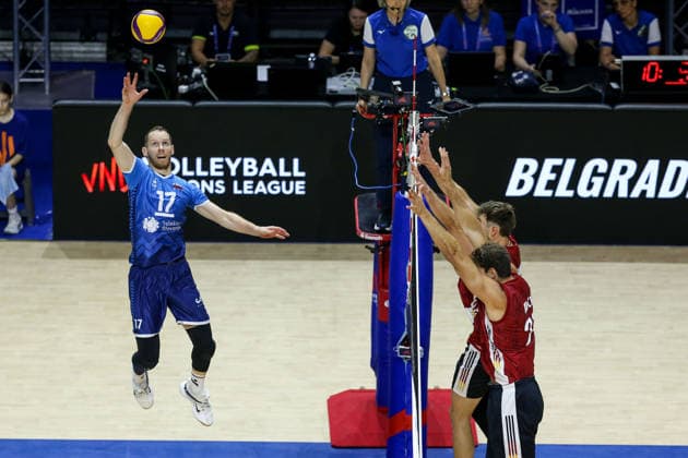 Germany v Slovenia - Men s Volleyball Nations League BELGRADE, SERBIA - JULY 15: Players of Slovenia compete against players of Germany during the Men s Volleyball Nations League match between Germany and Slovenia on July 15, 2026 in Belgrade, Serbia. Filip Stevanovic Anadolu Belgrade Serbia. Editorial use only. Please get in touch for any other usage.  Copyright: x2026xAnadoluxFilipxStevanovicx