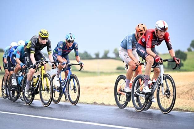 Norwegian Per Strand Hagenes of Team Visma-Lease a Bike and Belgian Liam Slock of Lotto Intermarche pictured in action during the stage 11 of the 2026 Tour de France cycling race, a stage of 161km from Vichy to Nevers, on Wednesday 15 July 2026. The 113th edition of the Tour de France starts on Saturday 4 July in Barcelona, Spain, and will finish in Paris, France on the 26th of July. JASPERxJACOBS  x181182417x