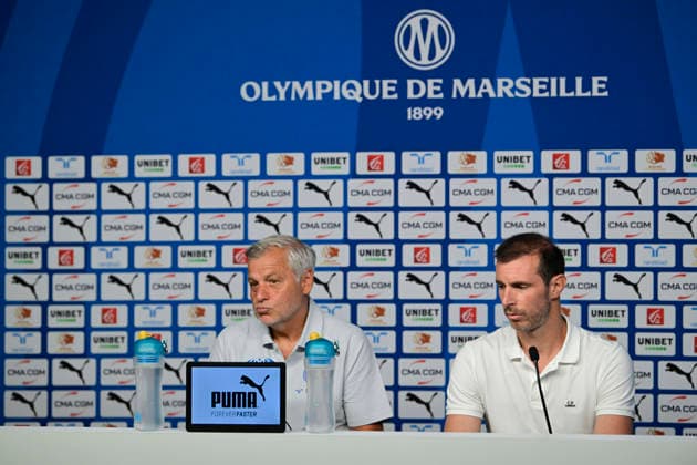 FOOTBALL : ConfÃ rence de prÃ sentation GrÃ gory Lorenzi & Bruno Genesio - 15 07 2026 press conference, PK, Pressekonferenz to introduce GrÃ gory Lorenzi & Bruno Genesio on July 15, 2026 at the Robert Louis Dreyfus Centrer. MarseilleFrance  Copyright: xWilliamxCannarellax