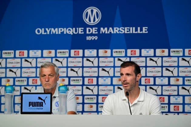 FOOTBALL : ConfÃ rence de prÃ sentation GrÃ gory Lorenzi & Bruno Genesio - 15 07 2026 press conference, PK, Pressekonferenz to introduce GrÃ gory Lorenzi & Bruno Genesio on July 15, 2026 at the Robert Louis Dreyfus Centrer. MarseilleFrance  Copyright: xWilliamxCannarellax