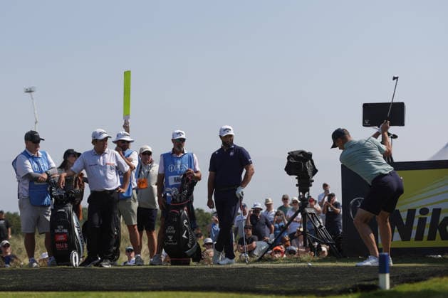 RECORD DATE NOT STATED 15th July 2026; Royal Birkdale Golf Club, Southport, Merseyside, England; The Open Championship Practice Day Four; Justin Rose (ENG) plays from the 11th tee as Jon Rahm (ESP) looks on DavidxBlunsden