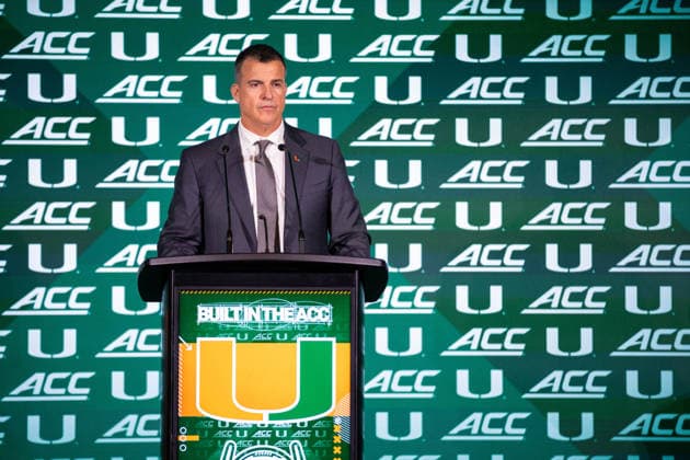 July 15, 2026: Miami head coach Mario Cristobal talks to the media during the 2026 ACC Football Kickoff at Hilton Uptown Charlotte in Charlotte, NC. ( CSM) Charlotte United States - ZUMAc04_ 20260715_zma_c04_034 Copyright: xScottxKinserx