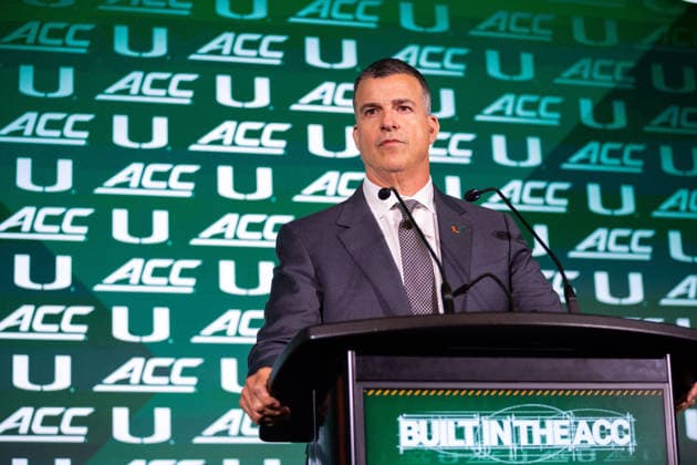 July 15, 2026: Miami head coach Mario Cristobal talks to the media during the 2026 ACC Football Kickoff at Hilton Uptown Charlotte in Charlotte, NC. ( CSM) Charlotte United States - ZUMAc04_ 20260715_zma_c04_036 Copyright: xScottxKinserx