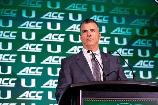 July 15, 2026: Miami head coach Mario Cristobal talks to the media during the 2026 ACC Football Kickoff at Hilton Uptown Charlotte in Charlotte, NC. ( CSM) Charlotte United States - ZUMAc04_ 20260715_zma_c04_038 Copyright: xScottxKinserx
