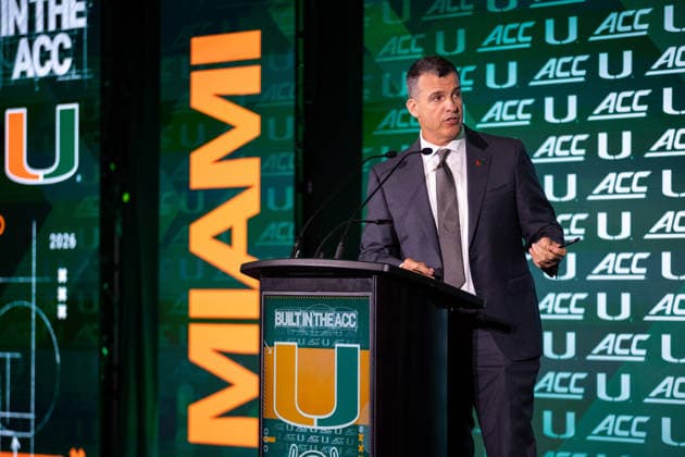 July 15, 2026: Miami head coach Mario Cristobal talks to the media during the 2026 ACC Football Kickoff at Hilton Uptown Charlotte in Charlotte, NC. ( CSM) Charlotte United States - ZUMAc04_ 20260715_zma_c04_037 Copyright: xScottxKinserx