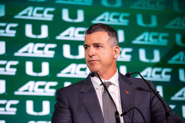 July 15, 2026: Miami head coach Mario Cristobal talks to the media during the 2026 ACC Football Kickoff at Hilton Uptown Charlotte in Charlotte, NC. ( CSM) Charlotte United States - ZUMAc04_ 20260715_zma_c04_039 Copyright: xScottxKinserx