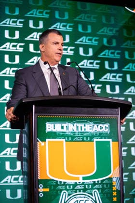 July 15, 2026: Miami head coach Mario Cristobal talks to the media during the 2026 ACC Football Kickoff at Hilton Uptown Charlotte in Charlotte, NC. ( CSM) Charlotte United States - ZUMAc04_ 20260715_zma_c04_041 Copyright: xScottxKinserx