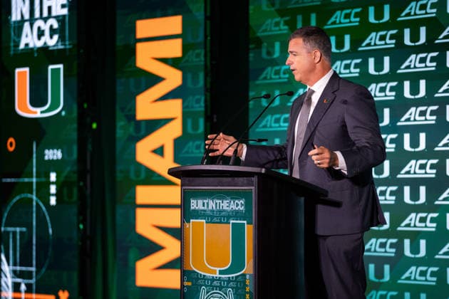 July 15, 2026: Miami head coach Mario Cristobal talks to the media during the 2026 ACC Football Kickoff at Hilton Uptown Charlotte in Charlotte, NC. ( CSM) Charlotte United States - ZUMAc04_ 20260715_zma_c04_043 Copyright: xScottxKinserx