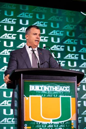 July 15, 2026: Miami head coach Mario Cristobal talks to the media during the 2026 ACC Football Kickoff at Hilton Uptown Charlotte in Charlotte, NC. ( CSM) Charlotte United States - ZUMAc04_ 20260715_zma_c04_042 Copyright: xScottxKinserx