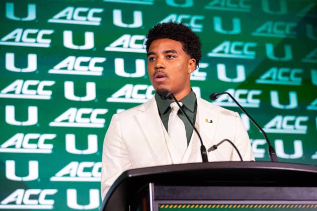 July 15, 2026: Miami quarterback Darian Mensah during the 2026 ACC Football Kickoff at Hilton Uptown Charlotte in Charlotte, NC. ( CSM) Charlotte United States - ZUMAc04_ 20260715_zma_c04_045 Copyright: xScottxKinserx