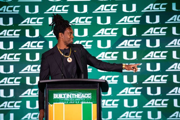 July 15, 2026: Miami running back Mark Fletcher Jr. during the 2026 ACC Football Kickoff at Hilton Uptown Charlotte in Charlotte, NC. ( CSM) Charlotte United States - ZUMAc04_ 20260715_zma_c04_050 Copyright: xScottxKinserx