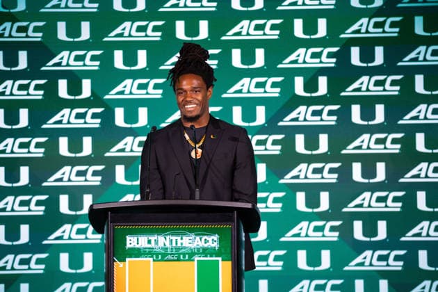 July 15, 2026: Miami running back Mark Fletcher Jr. during the 2026 ACC Football Kickoff at Hilton Uptown Charlotte in Charlotte, NC. ( CSM) Charlotte United States - ZUMAc04_ 20260715_zma_c04_052 Copyright: xScottxKinserx