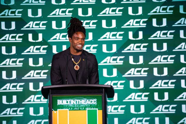 July 15, 2026: Miami running back Mark Fletcher Jr. during the 2026 ACC Football Kickoff at Hilton Uptown Charlotte in Charlotte, NC. ( CSM) Charlotte United States - ZUMAc04_ 20260715_zma_c04_051 Copyright: xScottxKinserx