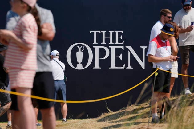 SOUTHPORT, ENGLAND - JULY 15: The Open signage during practice at the 154th Open Championship at the Royal Birkdale Golf Club, Southport on July 15, 2026 in Merseyside, England The 154th British Open Championship