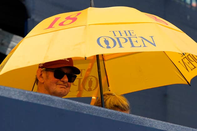 SOUTHPORT, ENGLAND - JULY 15: A spectator takes shade from the sun during practice at the 154th Open Championship at the Royal Birkdale Golf Club, Southport on July 15, 2026 in Merseyside, England The 154th British Open Championship