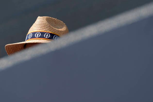 SOUTHPORT, ENGLAND - JULY 15: The Claret Jug logo on the hat of a spectator during practice at the 154th Open Championship at the Royal Birkdale Golf Club, Southport on July 15, 2026 in Merseyside, England The 154th British Open Championship