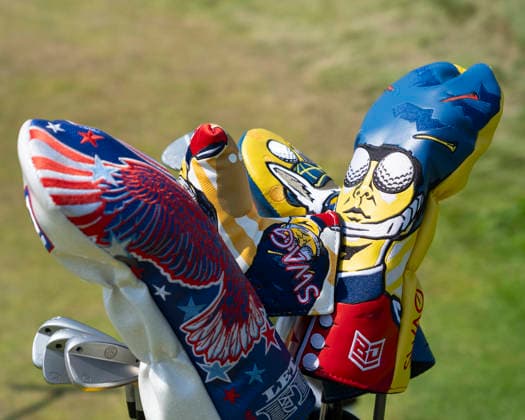 SOUTHPORT, ENGLAND - JULY 15: Colourful head covers in Bryson Dechambeau™s (USA) bag during practice at the 154th Open Championship at the Royal Birkdale Golf Club, Southport on July 15, 2026 in Merseyside, England The 154th British Open Championship