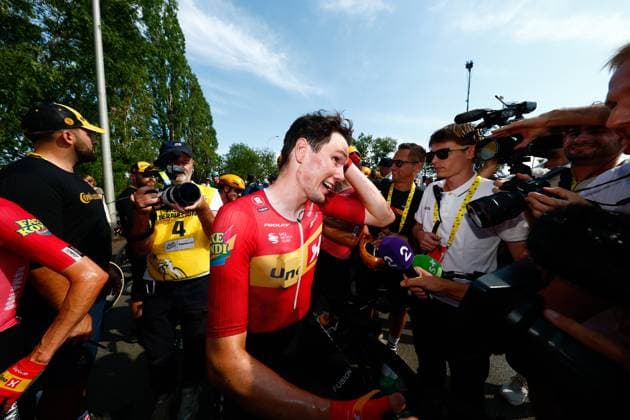 Norwegian Soren Waerenskjold of Uno-X Mobility celebrates after winning the stage 11 of the 2026 Tour de France cycling race, a stage of 161km from Vichy to Nevers, on Wednesday 15 July 2026. The 113th edition of the Tour de France starts on Saturday 4 July in Barcelona, Spain, and will finish in Paris, France on the 26th of July. POOLxLUCAxBETTINI  x181190244x