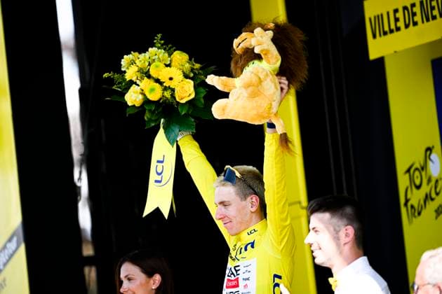 Tour de France 2026 Stage 11 NEVERS, FRANCE - JULY 15 : Pogacar Tadej (SLO) of UAE Team Emirates XRG on the podium wearing the yellow jersey during stage 11 of the 113rd edition of Tour de France an UCI World Tour 2.UWT cycling road race stage for Men Elite of 161 km with start in Vichy and finish in Nevers on July 15, 2026 in Nevers, France, 15 07 2026 Nevers France  Copyright: xTomasxSiskx