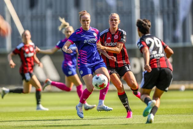GER, Frankfurt, Eintracht Frankfurt vs Mainz 05, Vorbereitung, Fussball, DFB, Spielzeit 2026 2027, Deutsche Bank Park Platz 4, Testspiel im Bild v.l.: Saskia Matheis (Mainz 05 Frauen 19), Marthine ostenstad(Eintracht Frankfurt Frauen 16) DFB DFL REGULATIONS PROHIBIT ANY USE OF PHOTOGRAPHS AS IMAGE SEQUENCES AND OR QUASI-VIDEO, 15.07.2026 *** GER, Frankfurt, Eintracht Frankfurt vs. Mainz 05, Preseason, Soccer, DFB, 2026–2027 Season, Deutsche Bank Park, Seat 4, Friendly Match (pictured, from left): Saskia Matheis, Mainz 05 Women’s U-19, Marthine Ostenstad, Eintracht Frankfurt Women’s U-16, DFB, DFL. REGULATIONS PROHIBIT ANY USE OF PHOTOGRAPHS AS IMAGE SEQUENCES AND OR QUASI-VIDEO. July 15, 2026 Copyright: HMBxMedia HendrikxHamelau
