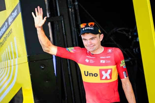 Tour de France 2026 Stage 11 NEVERS, FRANCE - JULY 15 : Charmig Anthon (DEN) of Uno-X Mobility on the podium, most combative rider of the day during stage 11 of the 113rd edition of Tour de France an UCI World Tour 2.UWT cycling road race stage for Men Elite of 161 km with start in Vichy and finish in Nevers on July 15, 2026 in Nevers, France, 15 07 2026 Nevers France  Copyright: xTomasxSiskx