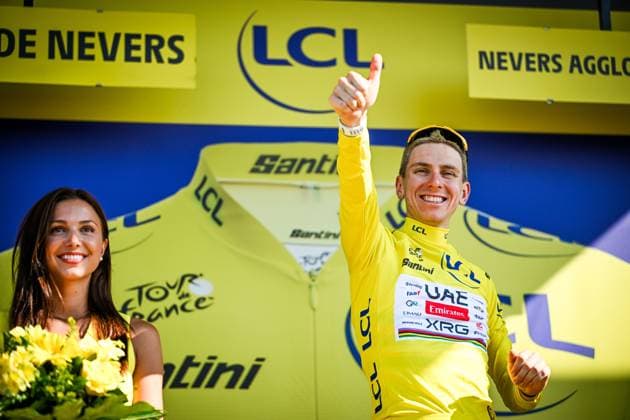 Slovenian Tadej Pogacar of UAE Team Emirates XRG celebrates in the yellow jersey of leader in the overall ranking after the stage 11 of the 2026 Tour de France cycling race, a stage of 161km from Vichy to Nevers, on Wednesday 15 July 2026. The 113th edition of the Tour de France starts on Saturday 4 July in Barcelona, Spain, and will finish in Paris, France on the 26th of July. DAVIDxPINTENS  x181190611x