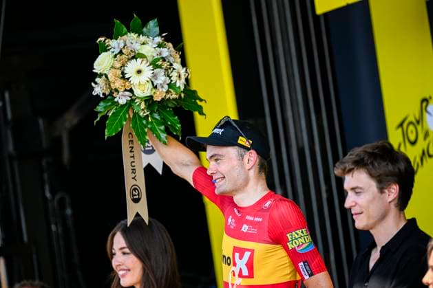 Tour de France 2026 Stage 11 NEVERS, FRANCE - JULY 15 : Charmig Anthon (DEN) of Uno-X Mobility on the podium, most combative rider of the day during stage 11 of the 113rd edition of Tour de France an UCI World Tour 2.UWT cycling road race stage for Men Elite of 161 km with start in Vichy and finish in Nevers on July 15, 2026 in Nevers, France, 15 07 2026 Nevers France  Copyright: xTomasxSiskx