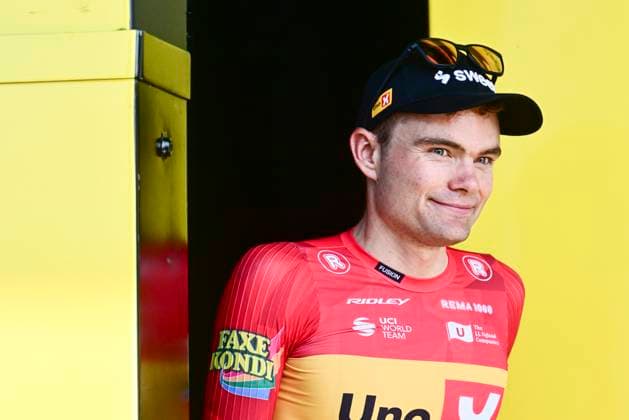 Tour de France 2026 Stage 11 NEVERS, FRANCE - JULY 15 : Waerenskjold Soren (NOR) of Uno-X Mobility on the podium, most combative rider of the day during stage 11 of the 113rd edition of Tour de France an UCI World Tour 2.UWT cycling road race stage for Men Elite of 161 km with start in Vichy and finish in Nevers on July 15, 2026 in Nevers, France, 15 07 2026 Nevers France  Copyright: xPeterxDexVoechtx