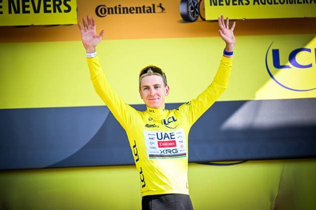 Slovenian Tadej Pogacar of UAE Team Emirates XRG celebrates in the yellow jersey of leader in the overall ranking after the stage 11 of the 2026 Tour de France cycling race, a stage of 161km from Vichy to Nevers, on Wednesday 15 July 2026. The 113th edition of the Tour de France starts on Saturday 4 July in Barcelona, Spain, and will finish in Paris, France on the 26th of July. JASPERxJACOBS  x181190781x
