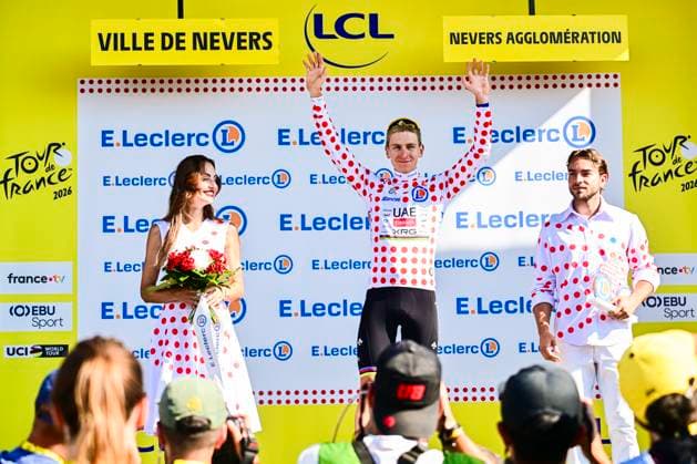 Tour de France 2026 Stage 11 NEVERS, FRANCE - JULY 15 : Pogacar Tadej (SLO) of UAE Team Emirates XRG on the podium wearing the polka dot jersey during stage 11 of the 113rd edition of Tour de France an UCI World Tour 2.UWT cycling road race stage for Men Elite of 161 km with start in Vichy and finish in Nevers on July 15, 2026 in Nevers, France, 15 07 2026 Nevers France  Copyright: xPeterxDexVoechtx