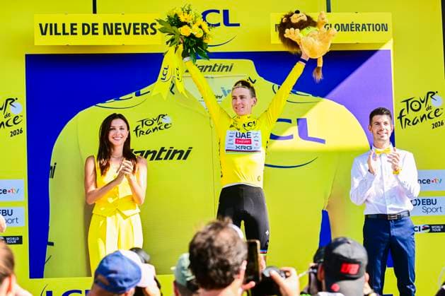 Tour de France 2026 Stage 11 NEVERS, FRANCE - JULY 15 : Pogacar Tadej (SLO) of UAE Team Emirates XRG on the podium wearing the yellow jersey during stage 11 of the 113rd edition of Tour de France an UCI World Tour 2.UWT cycling road race stage for Men Elite of 161 km with start in Vichy and finish in Nevers on July 15, 2026 in Nevers, France, 15 07 2026 Nevers France  Copyright: xPeterxDexVoechtx