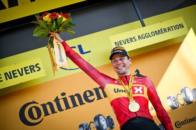 Norwegian Soren Waerenskjold of Uno-X Mobility celebrates on the podium after winning the stage 11 of the 2026 Tour de France cycling race, a stage of 161km from Vichy to Nevers, on Wednesday 15 July 2026. The 113th edition of the Tour de France starts on Saturday 4 July in Barcelona, Spain, and will finish in Paris, France on the 26th of July. DAVIDxPINTENS  x181191458x