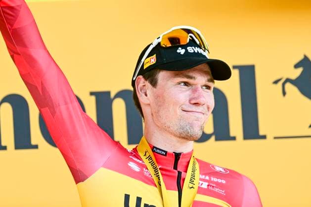 Tour de France 2026 Stage 11 NEVERS, FRANCE - JULY 15 : Waerenskjold Soren (NOR) of Uno-X Mobility on the podium during stage 11 of the 113rd edition of Tour de France an UCI World Tour 2.UWT cycling road race stage for Men Elite of 161 km with start in Vichy and finish in Nevers on July 15, 2026 in Nevers, France, 15 07 2026 Nevers France  Copyright: xPeterxDexVoechtx