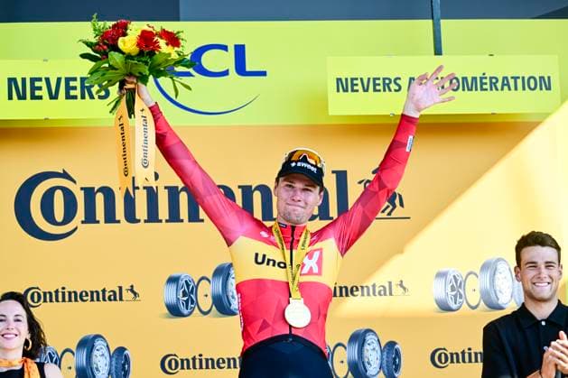 Tour de France 2026 Stage 11 NEVERS, FRANCE - JULY 15 : Waerenskjold Soren (NOR) of Uno-X Mobility on the podium during stage 11 of the 113rd edition of Tour de France an UCI World Tour 2.UWT cycling road race stage for Men Elite of 161 km with start in Vichy and finish in Nevers on July 15, 2026 in Nevers, France, 15 07 2026 Nevers France  Copyright: xPeterxDexVoechtx