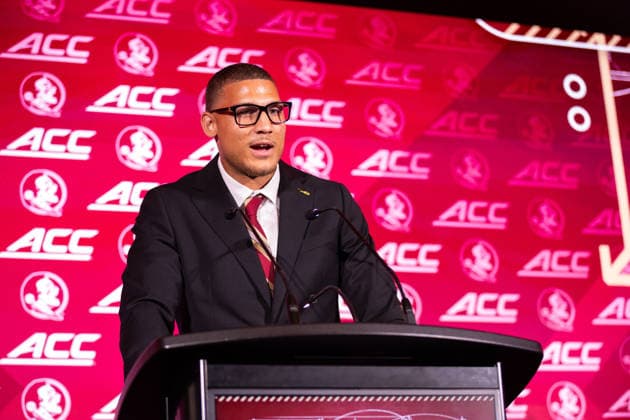 July 15, 2026: Florida State wide receiver Duce Robinson talks to the media at the 2026 ACC Football Kickoff at Hilton Uptown Charlotte in Charlotte, NC. ( CSM) Charlotte United States - ZUMAc04_ 20260715_zma_c04_060 Copyright: xScottxKinserx