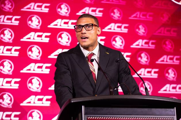 July 15, 2026: Florida State wide receiver Duce Robinson talks to the media at the 2026 ACC Football Kickoff at Hilton Uptown Charlotte in Charlotte, NC. ( CSM) Charlotte United States - ZUMAc04_ 20260715_zma_c04_062 Copyright: xScottxKinserx