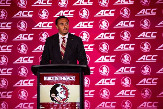 July 15, 2026: Florida State quarterback Ashton Daniels talks to the media at the 2026 ACC Football Kickoff at Hilton Uptown Charlotte in Charlotte, NC. ( CSM) Charlotte United States - ZUMAc04_ 20260715_zma_c04_063 Copyright: xScottxKinserx