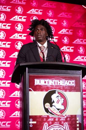 July 15, 2026: Florida State cornerback JaÃ¢â‚¬â ¢Bril Rawls talks to the media at the 2026 ACC Football Kickoff at Hilton Uptown Charlotte in Charlotte, NC. ( CSM) Charlotte United States - ZUMAc04_ 20260715_zma_c04_066 Copyright: xScottxKinserx