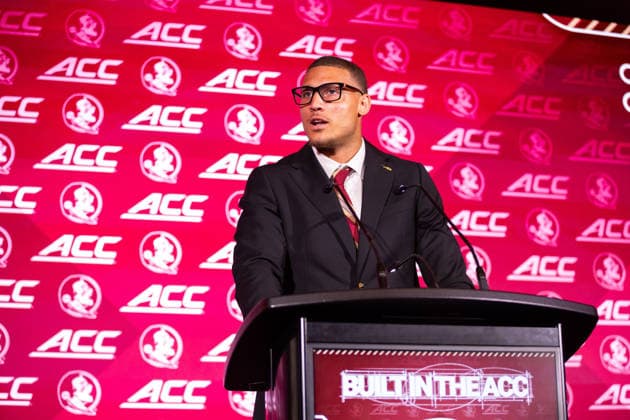 July 15, 2026: Florida State wide receiver Duce Robinson talks to the media at the 2026 ACC Football Kickoff at Hilton Uptown Charlotte in Charlotte, NC. ( CSM) Charlotte United States - ZUMAc04_ 20260715_zma_c04_068 Copyright: xScottxKinserx