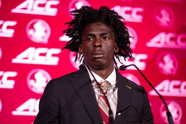 July 15, 2026: Florida State cornerback JaÃ¢â‚¬â ¢Bril Rawls talks to the media at the 2026 ACC Football Kickoff at Hilton Uptown Charlotte in Charlotte, NC. ( CSM) Charlotte United States - ZUMAc04_ 20260715_zma_c04_070 Copyright: xScottxKinserx